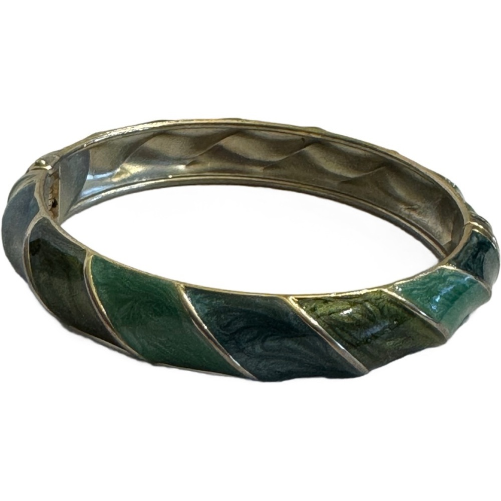 Bangle Bracelet Green Enamel Gold Tone Accents Vintage Jewelry